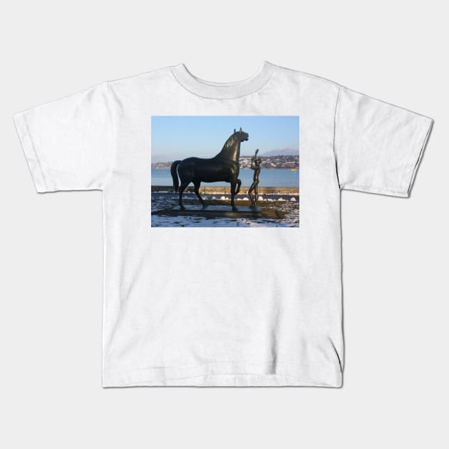 "L'homme et le cheval" - a statue by Schwarz. Parc Mon-Repos,  Geneva, Switzerland Kids T-Shirt by IgorPozdnyakov